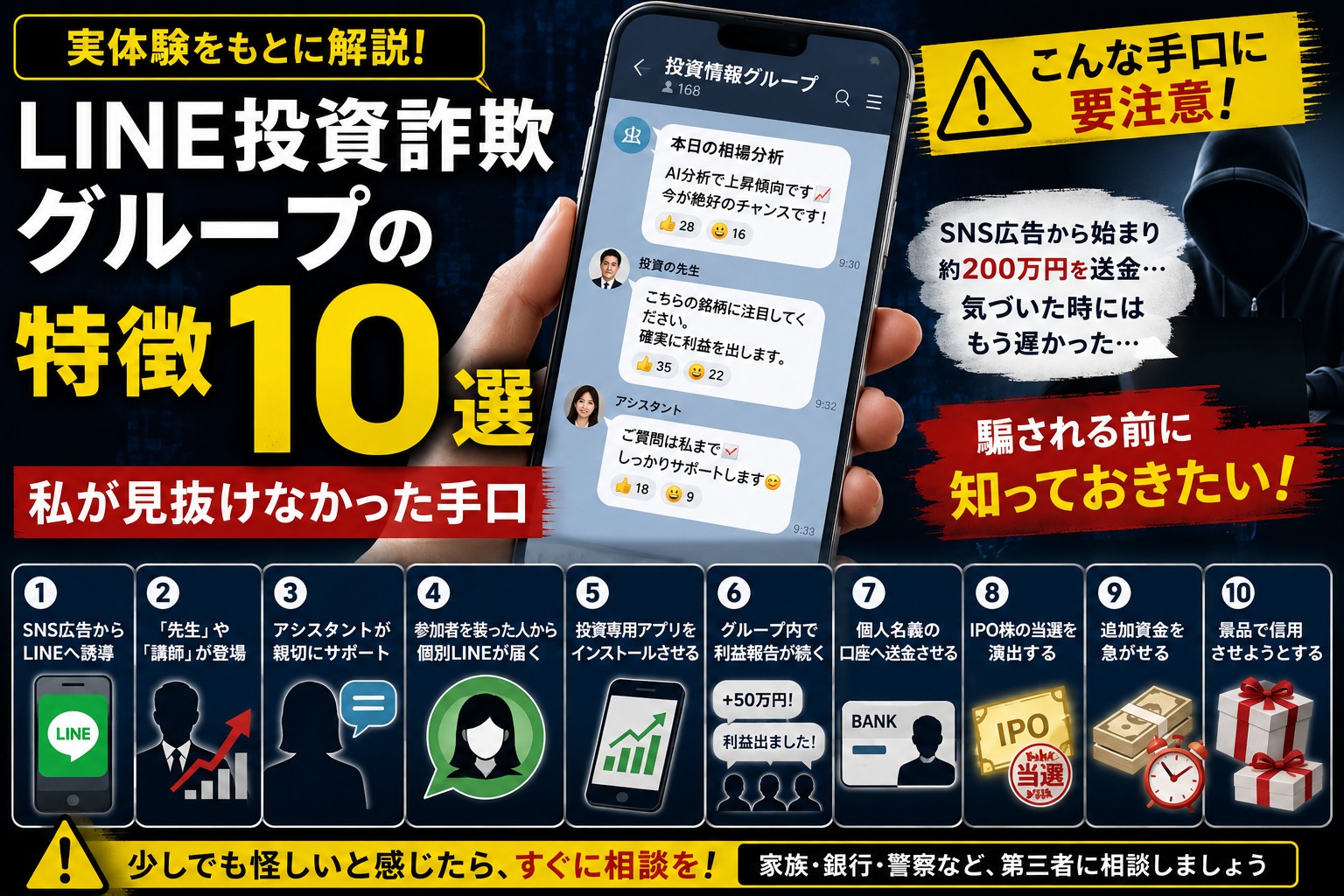 LINE投資詐欺グループの特徴10選と見抜けなかった手口を紹介するアイキャッチ画像