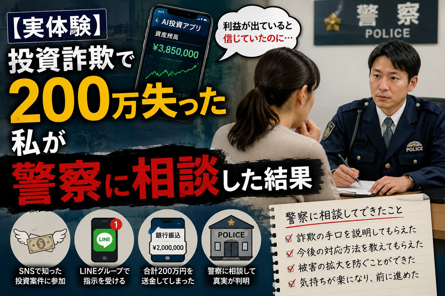 投資詐欺で200万円を失った私が警察に相談した結果を紹介する体験談のアイキャッチ画像