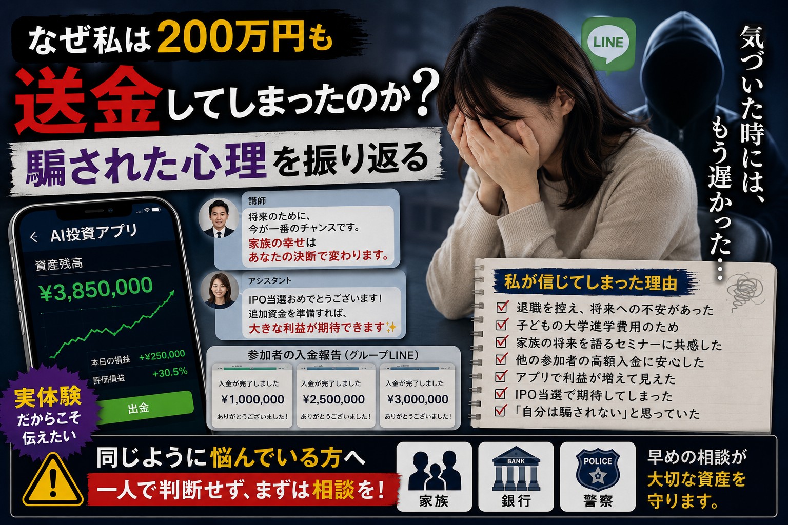退職や子どもの大学進学への不安から投資詐欺で200万円を送金してしまった心理を振り返る体験談のアイキャッチ画像